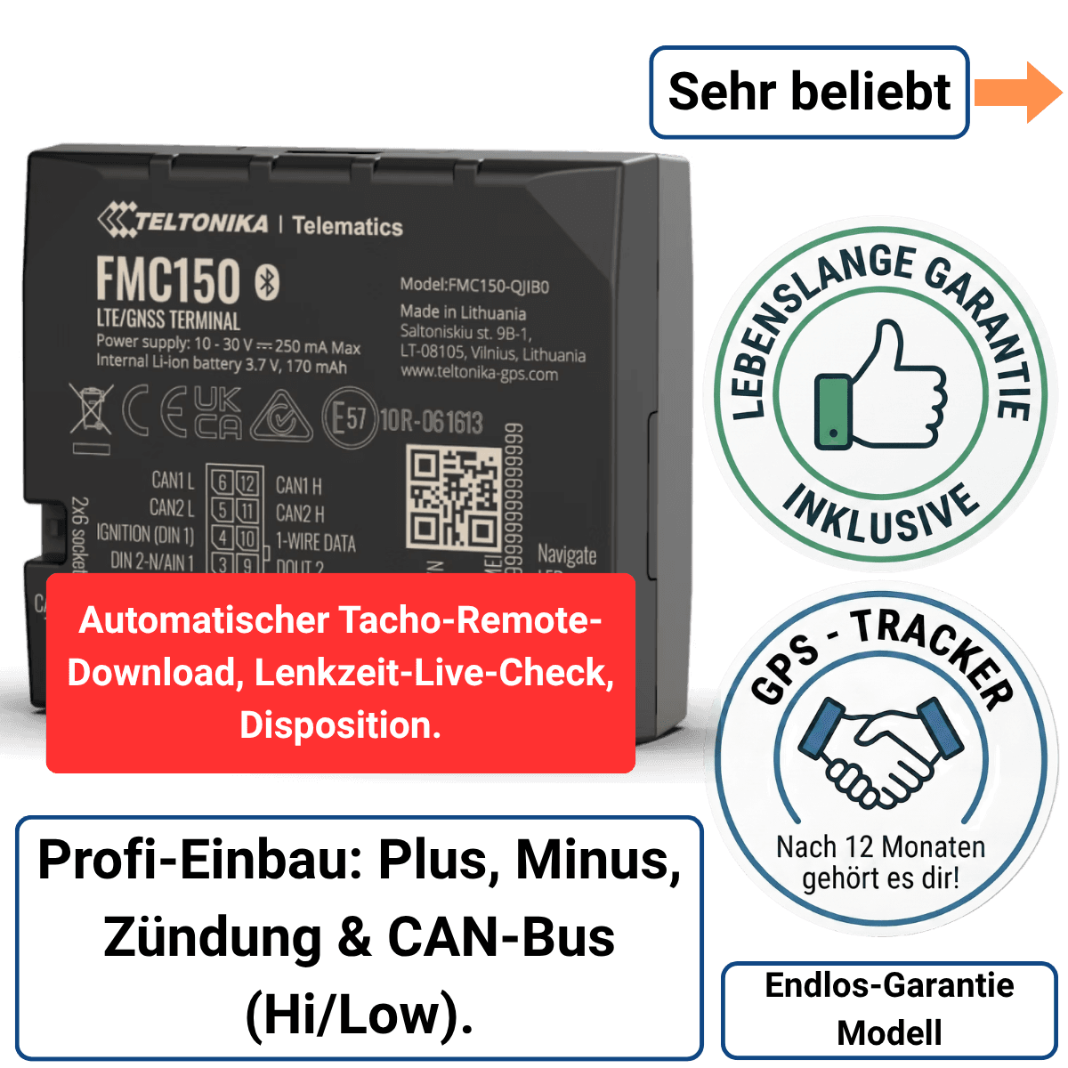 GPS Tracker CAN-Bus Endlos Garantie Modell – 4G LTE für Flottenmanagement | Teltonika