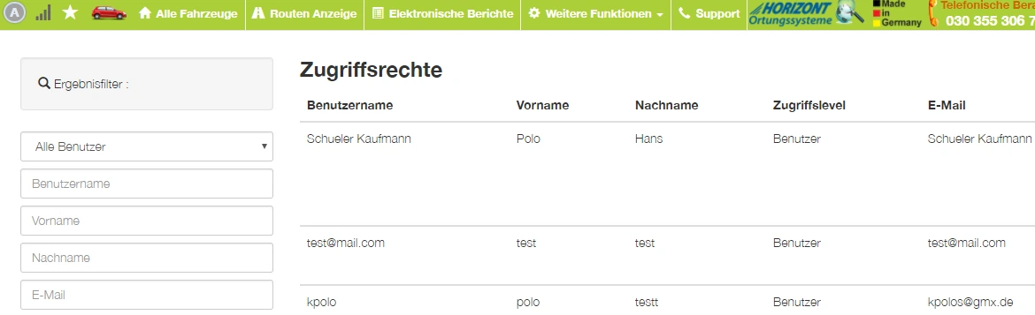 Profi KFZ Ortung - Zugriffsrechte, Unterbenutzer verwalten